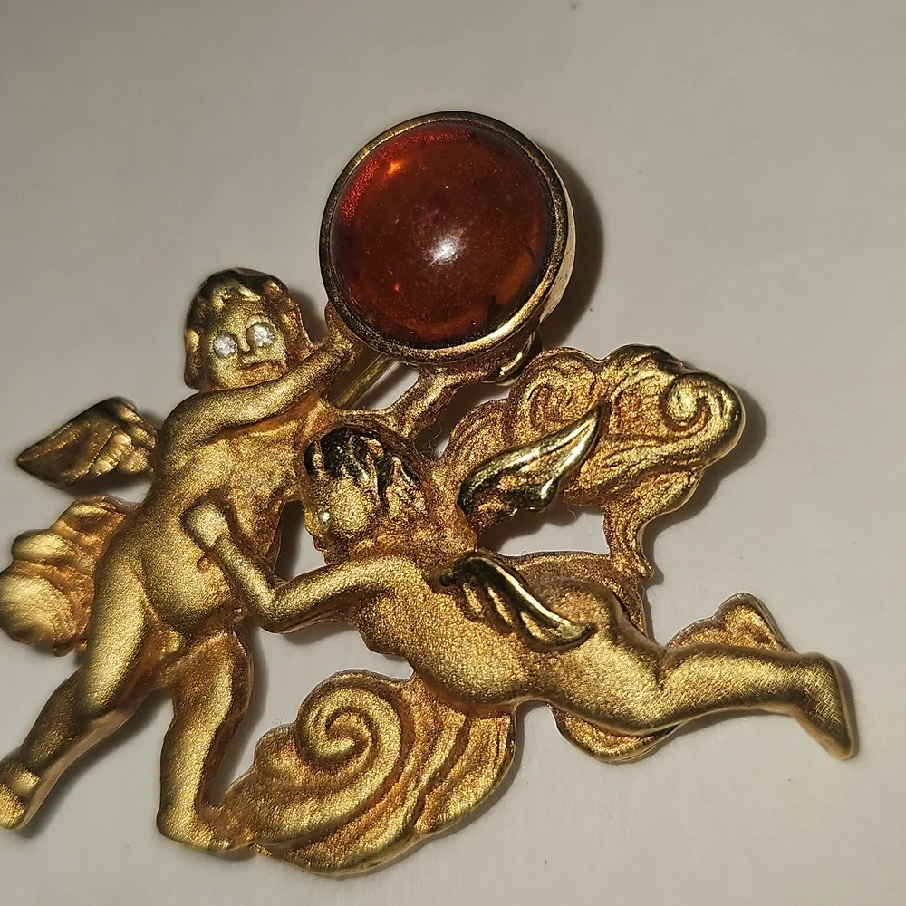 Gold Angel Brooch with Amber Accent